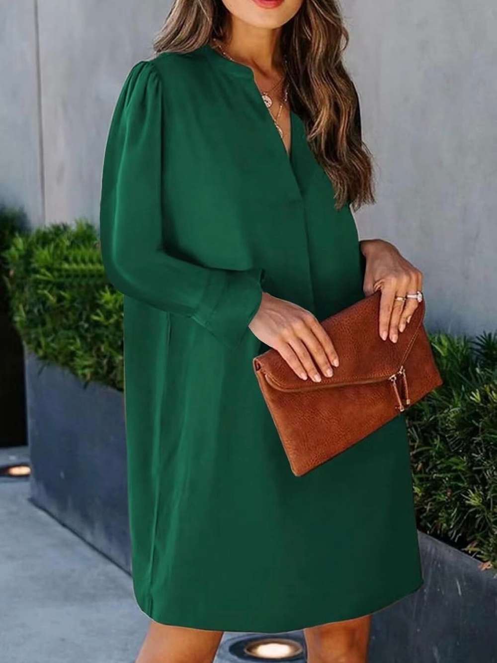 Women's Emerald Green Long-Sleeve Shift Dress